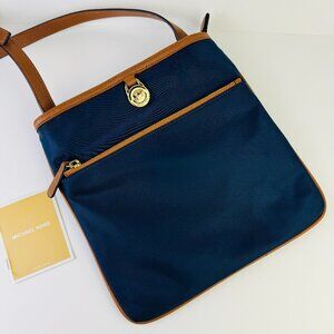 Michael Kors Kempton Dark Blue Nylon Brown Trim Crossbody Bag/File Bag